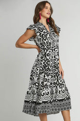 Umgee Full Size Two Tone Border Print Ruffle Cap Sleeve Midi Dress Plus Size OutfitFlow